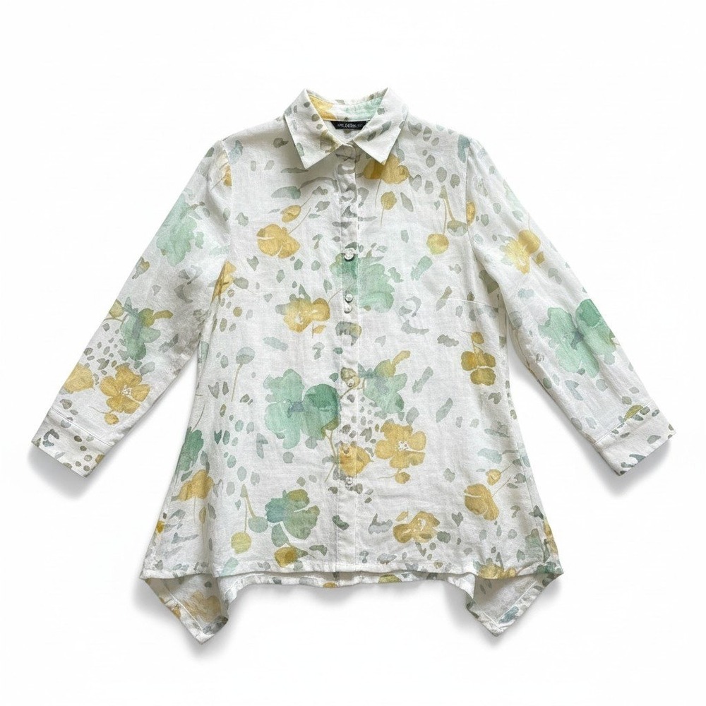 Mirror‎ Image Womens M Sheer Linen Blend Floral Burnout High Low Green Yellow